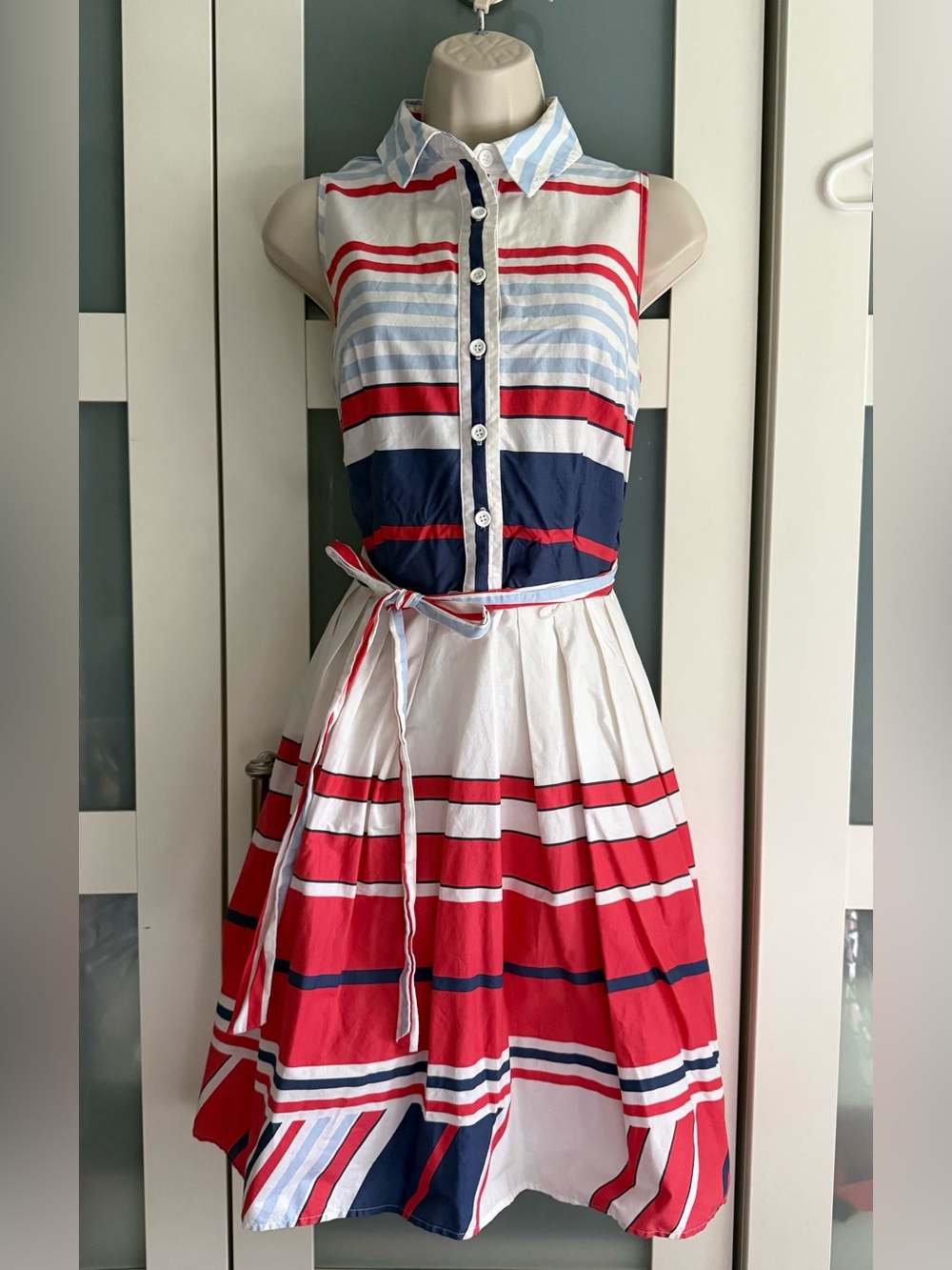 AGB Dress - Red, White & Blue Striped Sleeveless Shirtwaist Dress (Size 12)